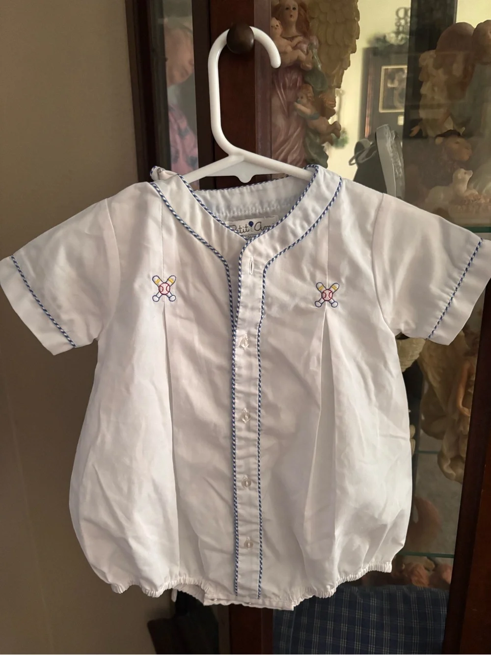 Petit Ami White baseball Bubble Romper with Blue Trim and Embroidery
